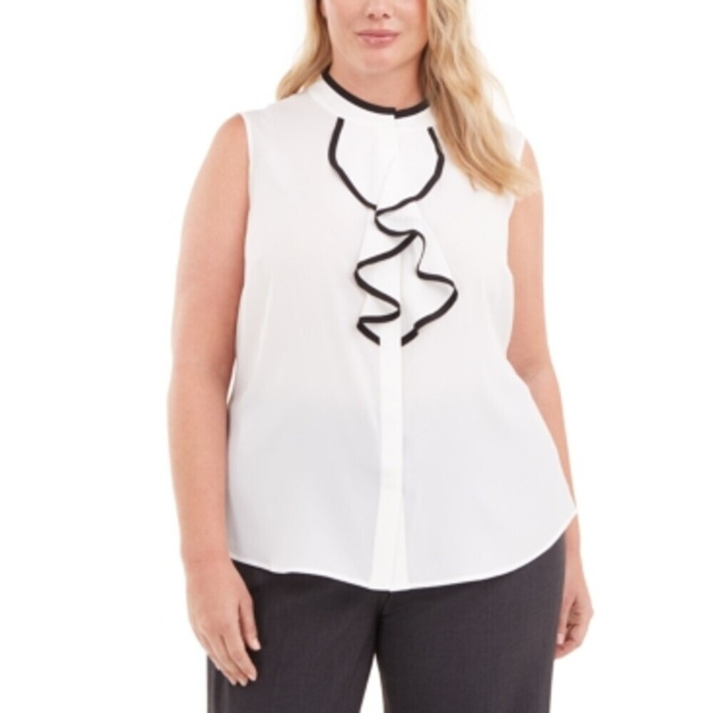 Calvin Klein Piped Ruffled Sleeveless Blouse Cream/Black Plus Size 3X NWT
